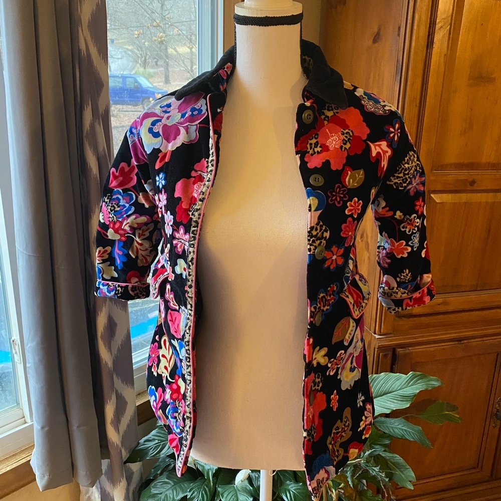 Multicolored Floral Velvet Quilted Peacoat Leopard Details Girls S(5/6) - Picture 2 of 13